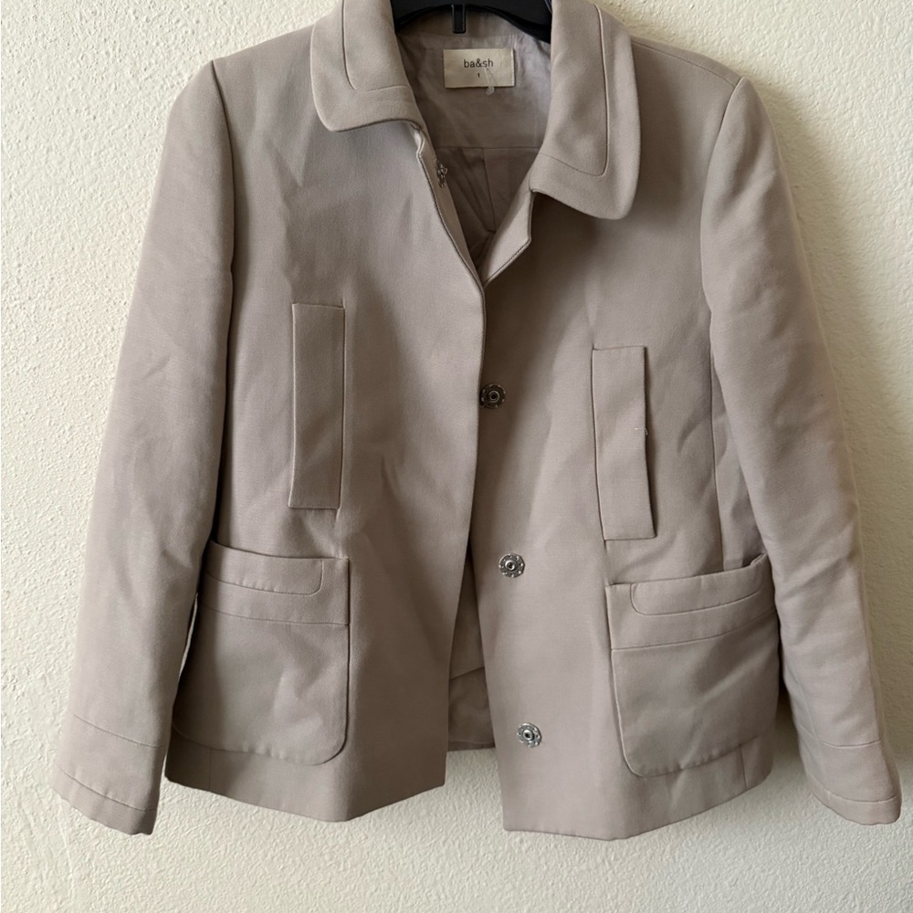 Ba&Sh Beige Taupe Cotton And Virgin Wool Boxy Fit Snap Button Coat Jacket View 2